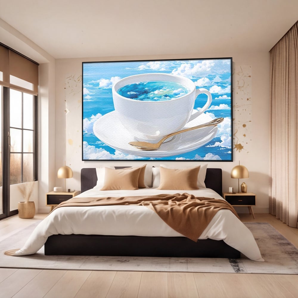 Tablou canvas cu tablou canvas cu ceasca de cafea si cer senin, in rama de aluminiu negru, pe perete intr-un dormitor